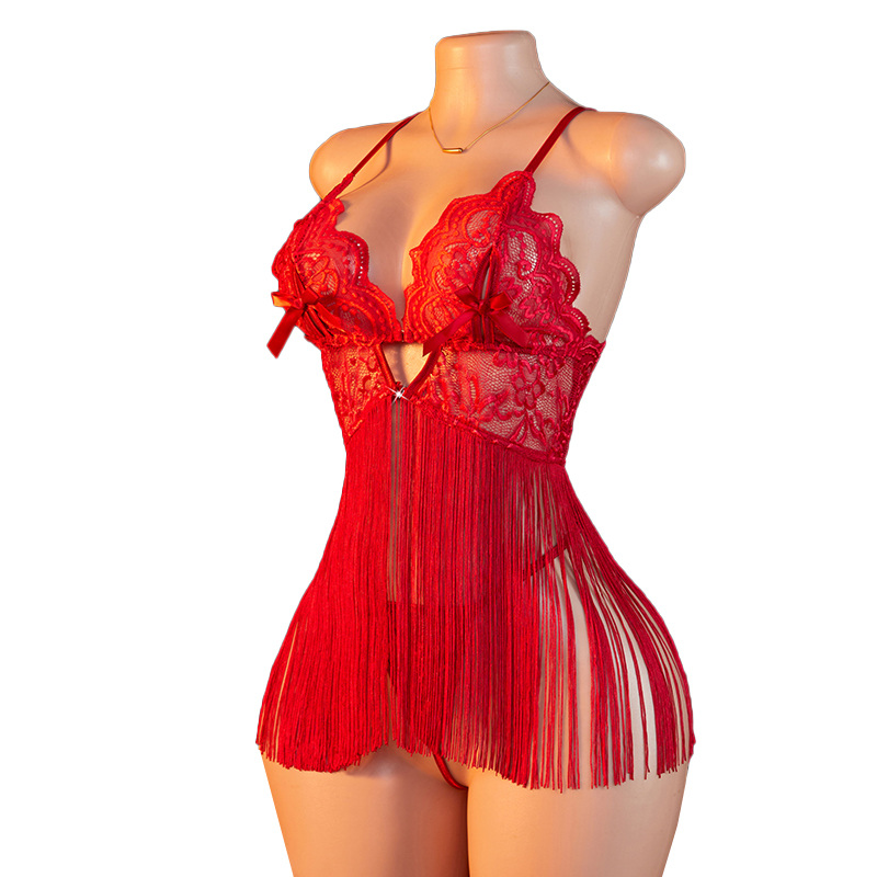 Waders - Transparent Lace Women Red Strap Tassel